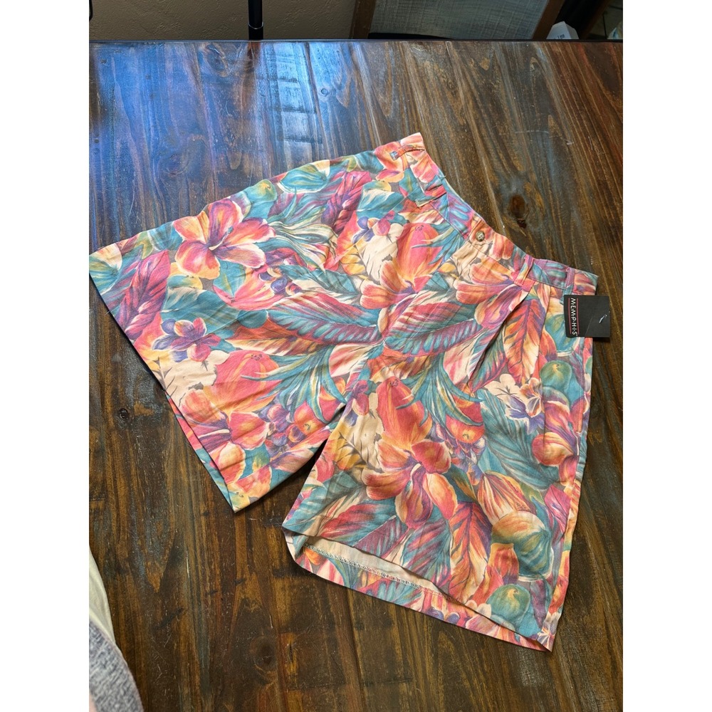 Vintage Memphis High Waisted Tropical Floral Pleated Short Pink Blue Size 16 NWT
